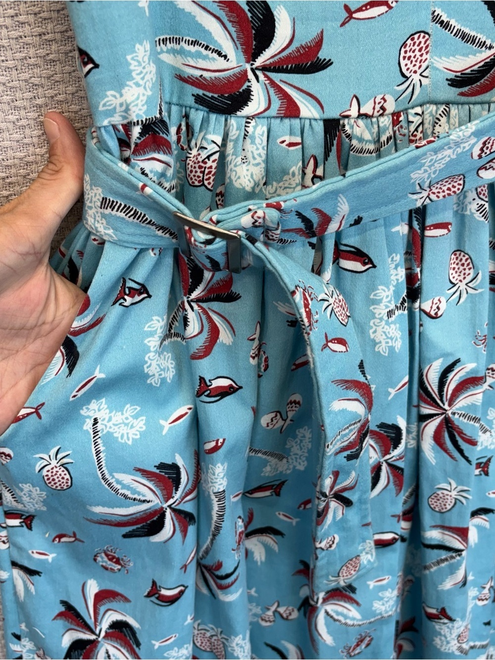 Vtg Bettie Page Hawaiian Fit & Flare Pin Up Blue Dress Sz 10 Retro Vacay Mini - Picture 7 of 13